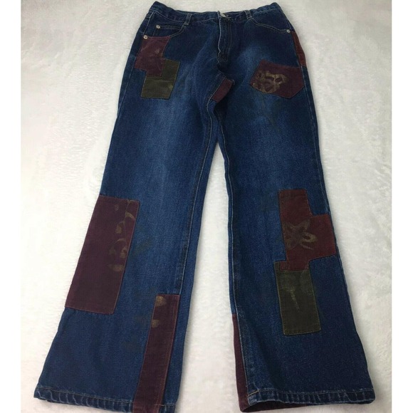 Vintage Patchwork Jeans Womens 28 x 29 Blue Denim Corduroy Patches Gold Stamped‎ - Picture 5 of 9